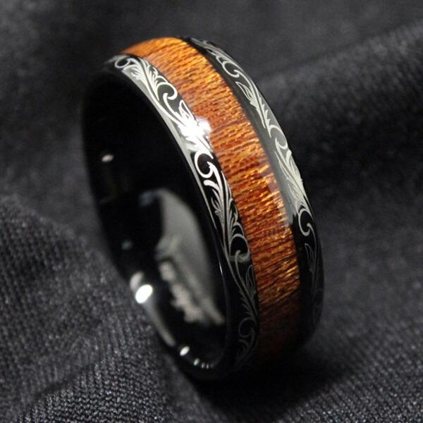 Black Tungsten Carbide Koa Wood Inlay Ring