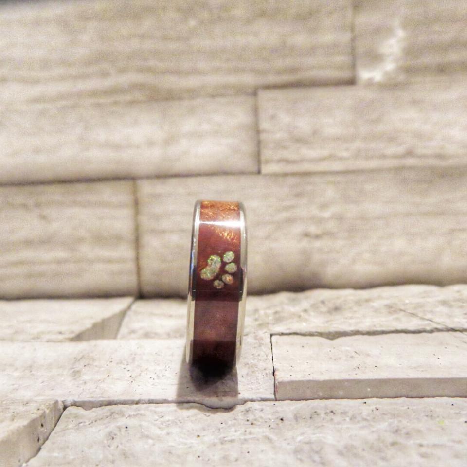 Titanium Dog Paw Print Opal and Koa Wood Ring