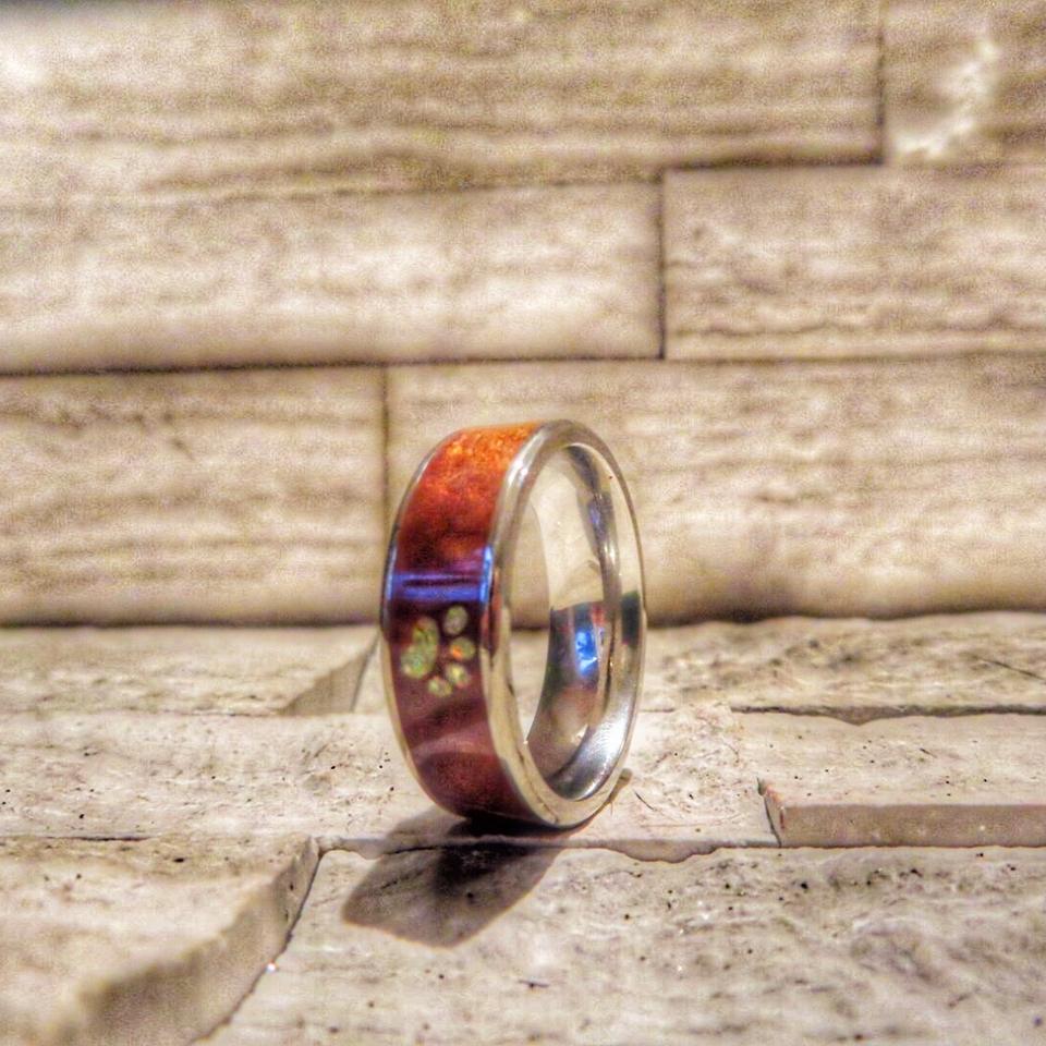 Titanium Dog Paw Print Opal and Koa Wood Ring