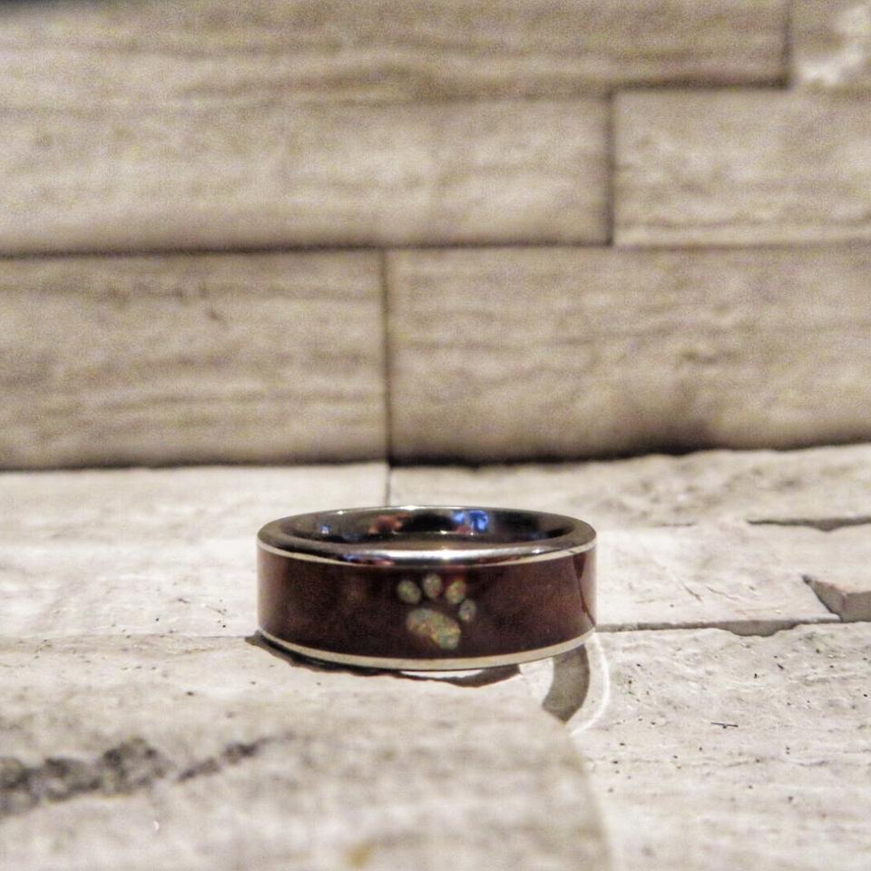 Titanium Dog Paw Print Opal and Koa Wood Ring