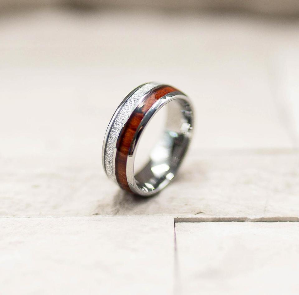 Meteorite  Tungsten Carbide Koa Wood Ring