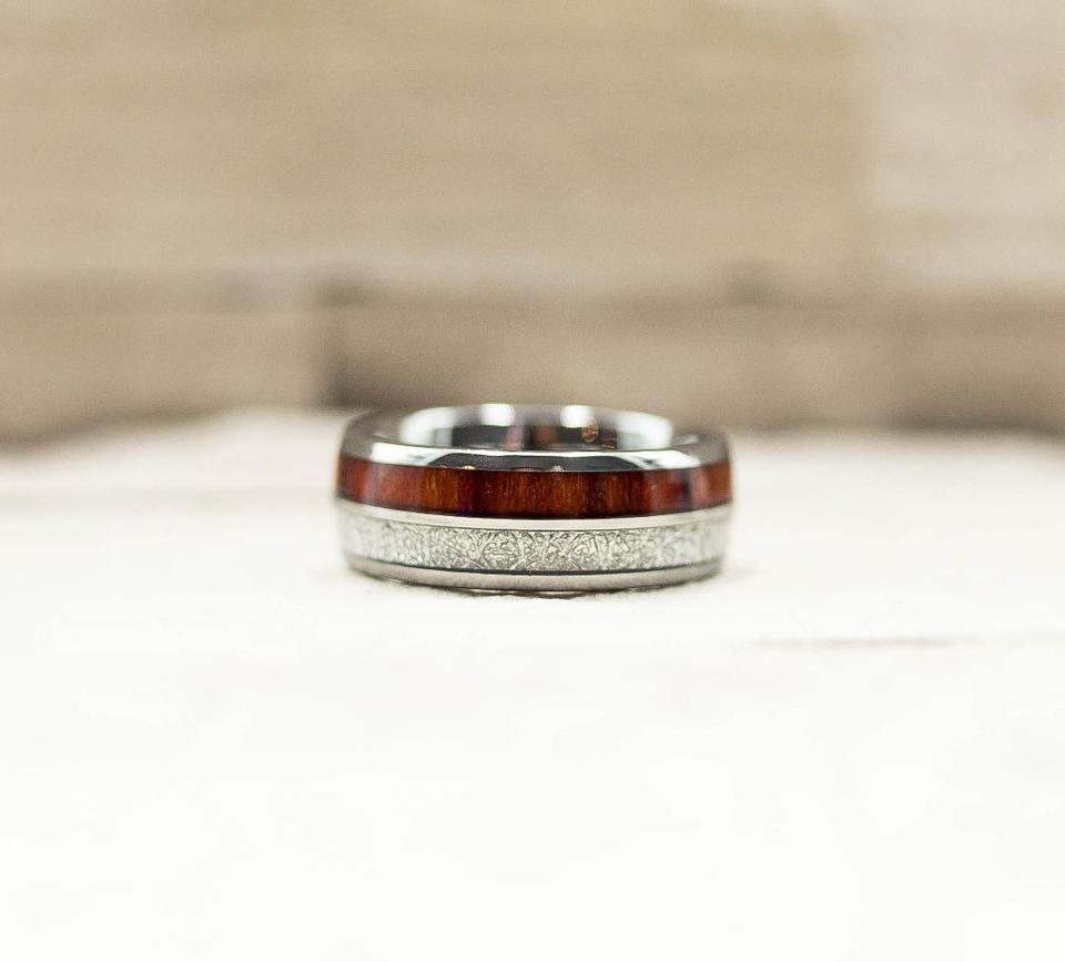 Meteorite  Tungsten Carbide Koa Wood Ring