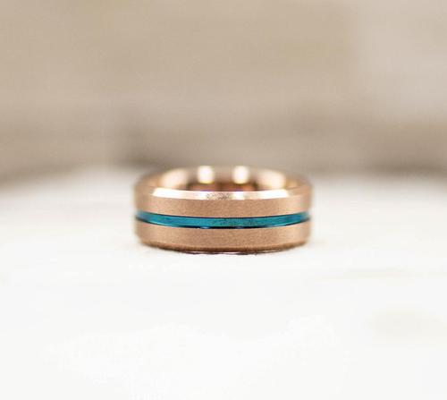 Rose Gold with Thin Blue Groove Tungsten Carbide Ring