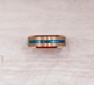 Rose Gold with Thin Blue Groove Tungsten Carbide Ring