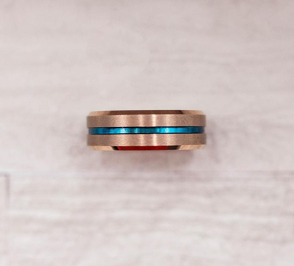 Rose Gold with Thin Blue Groove Tungsten Carbide Ring