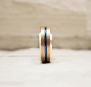 Rose Gold with Thin Blue Groove Tungsten Carbide Ring