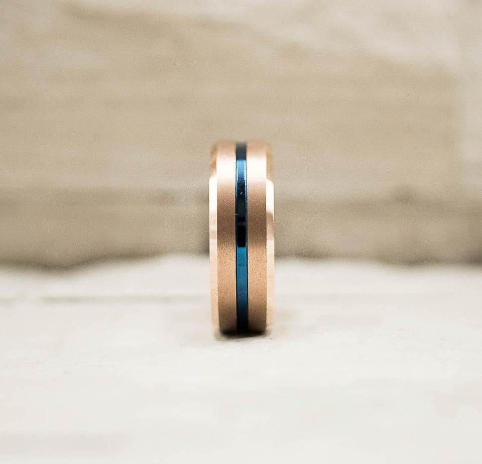 Rose Gold with Thin Blue Groove Tungsten Carbide Ring