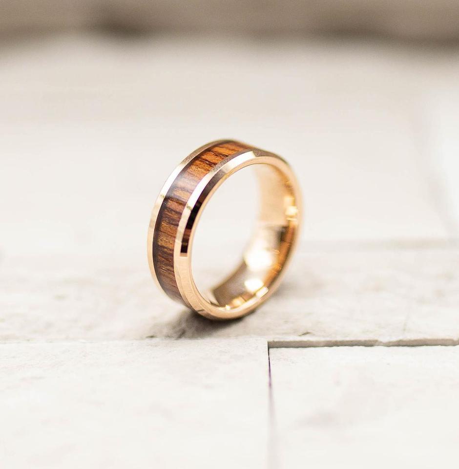 Rose Gold Koa Wood Inlay Tungsten Carbide Ring