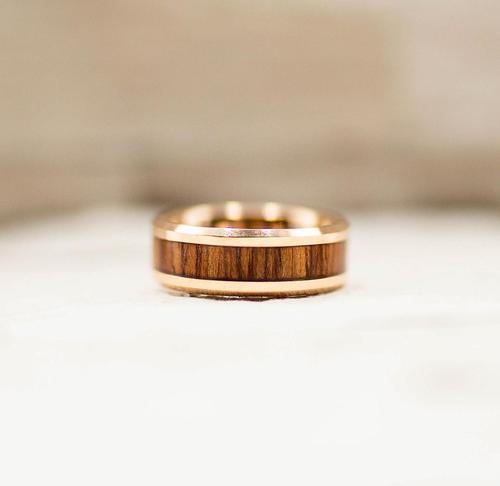 Rose Gold Koa Wood Inlay Tungsten Carbide Ring