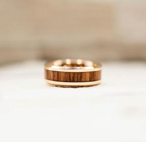 Rose Gold Koa Wood Inlay Tungsten Carbide Ring