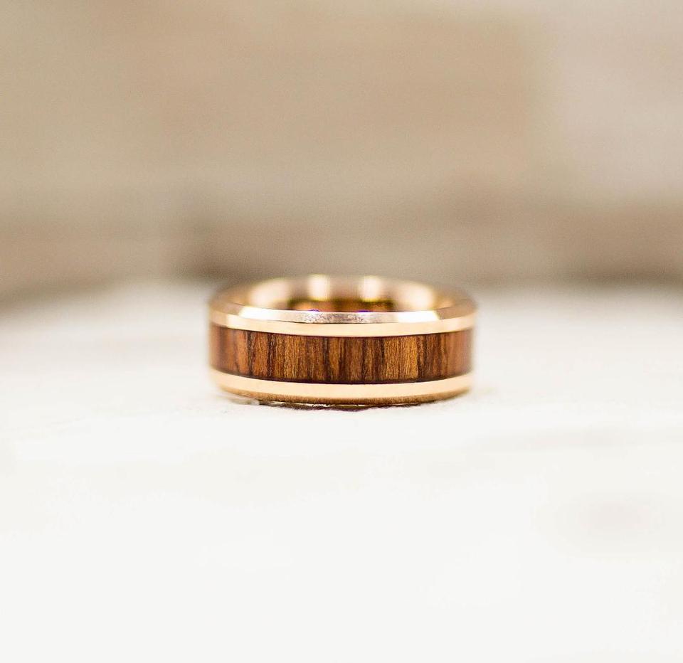 Rose Gold Koa Wood Inlay Tungsten Carbide Ring