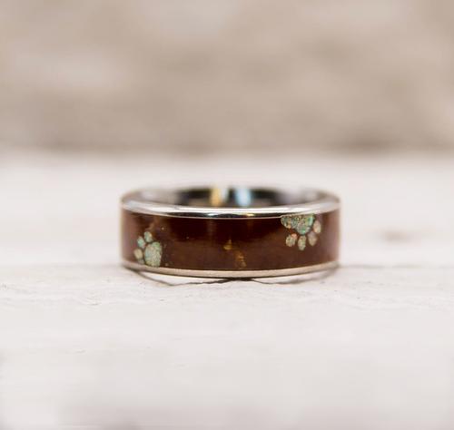 Titanium Dog Paw Print Opal and Koa Wood Ring