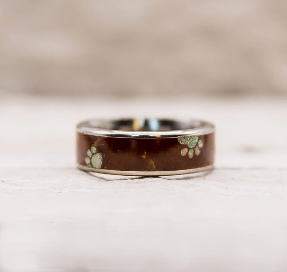 Titanium Dog Paw Print Opal and Koa Wood Ring