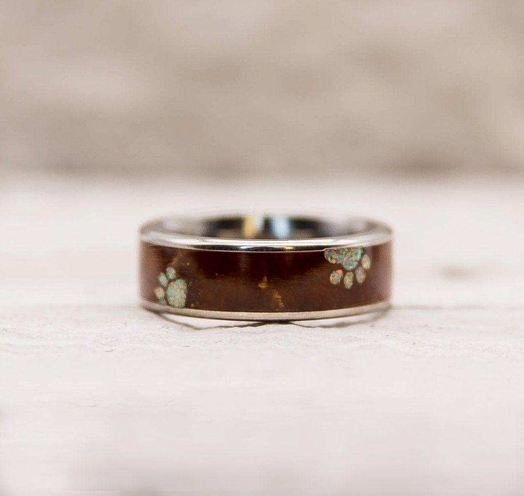 Titanium Dog Paw Print Opal and Koa Wood Ring