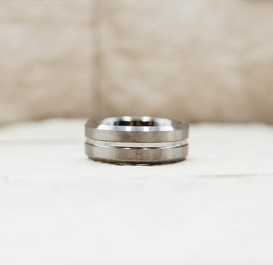 Double Brushed Silver Stripe Tungsten Ring
