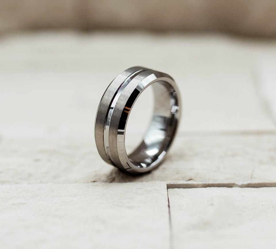 Double Brushed Silver Stripe Tungsten Ring