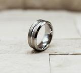 Double Brushed Silver Stripe Tungsten Ring