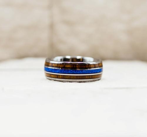 Hawaiian Koa Wood Blue Meteorite Inlay Ring