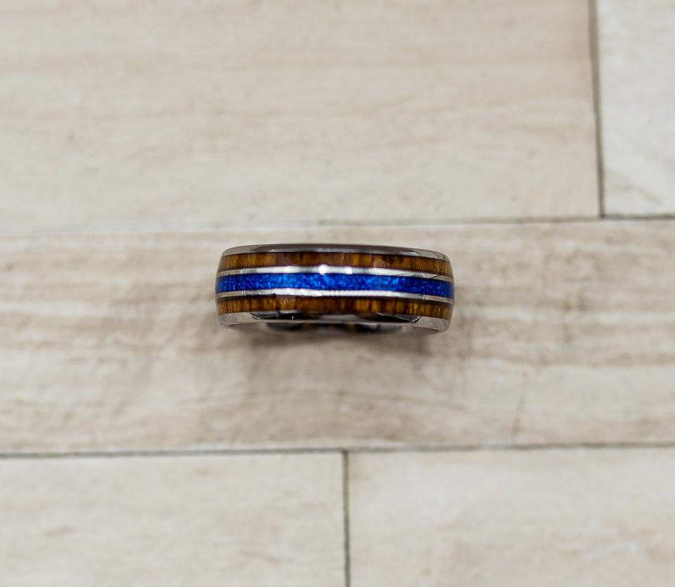 Hawaiian Koa Wood Blue Meteorite Inlay Ring