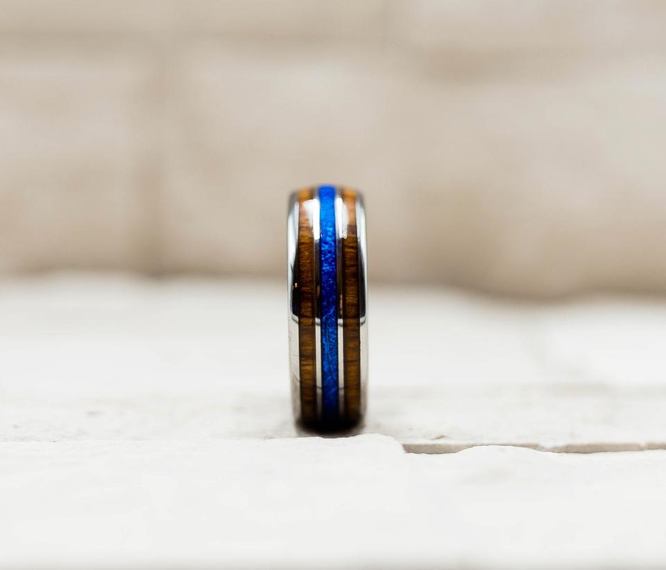 Hawaiian Koa Wood Blue Meteorite Inlay Ring
