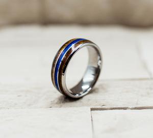 Hawaiian Koa Wood Blue Meteorite Inlay Ring
