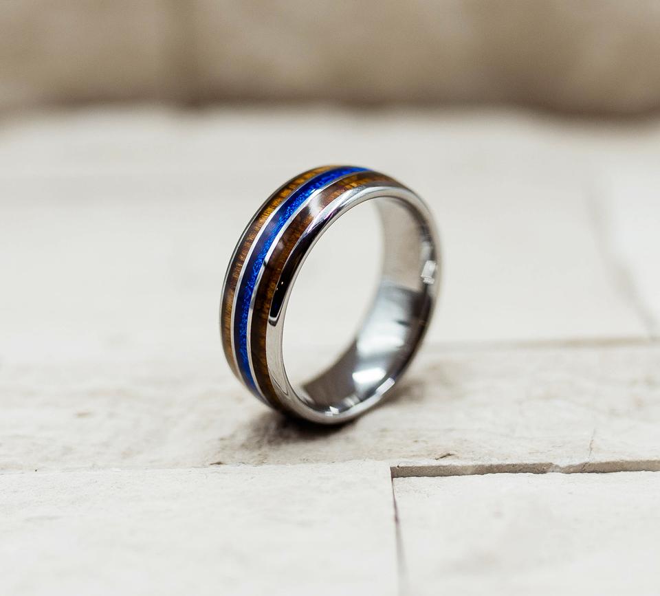Hawaiian Koa Wood Blue Meteorite Inlay Ring