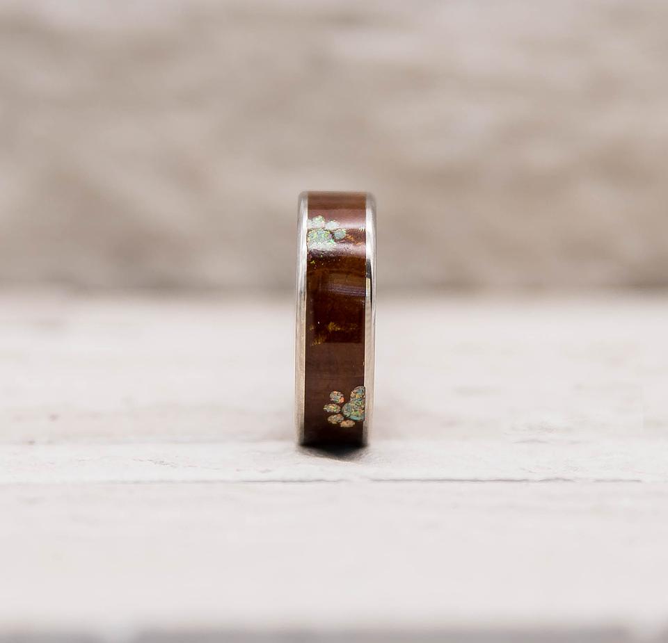 Titanium Dog Paw Print Opal and Koa Wood Ring