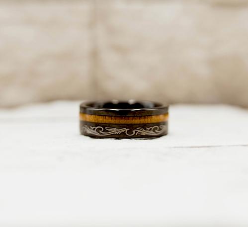 Tribal Black Tungsten Carbide Koa Wood Stripe Inlay Ring