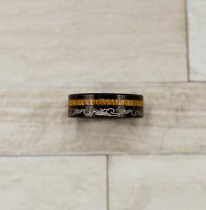 Tribal Black Tungsten Carbide Koa Wood Stripe Inlay Ring