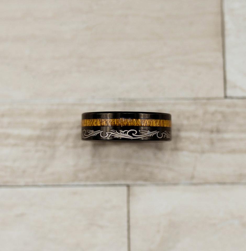 Tribal Black Tungsten Carbide Koa Wood Stripe Inlay Ring