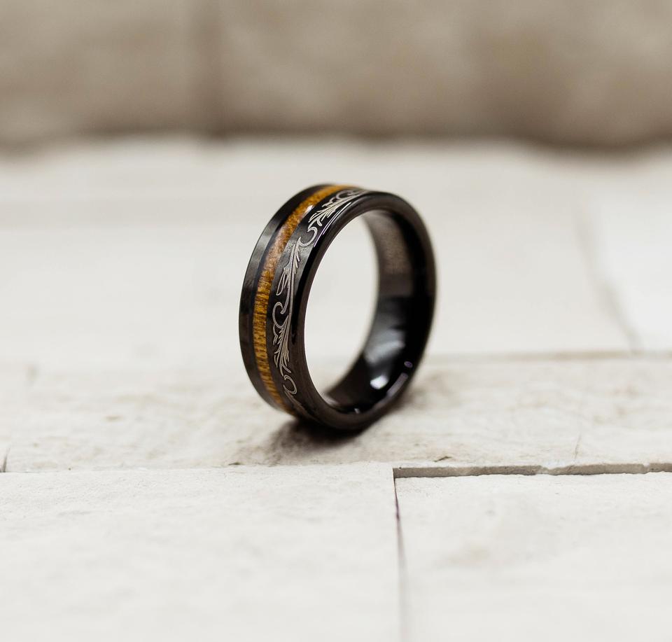 Tribal Black Tungsten Carbide Koa Wood Stripe Inlay Ring