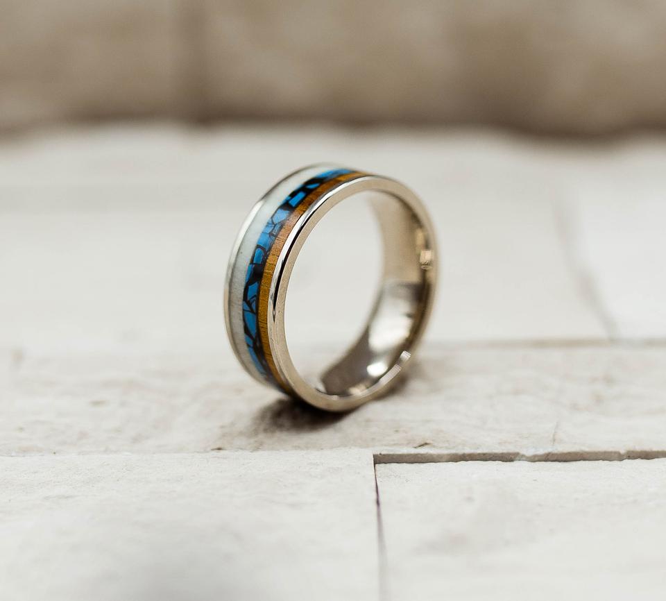 Hawaiian Koa Wood Marble Inlay Titanium Ring
