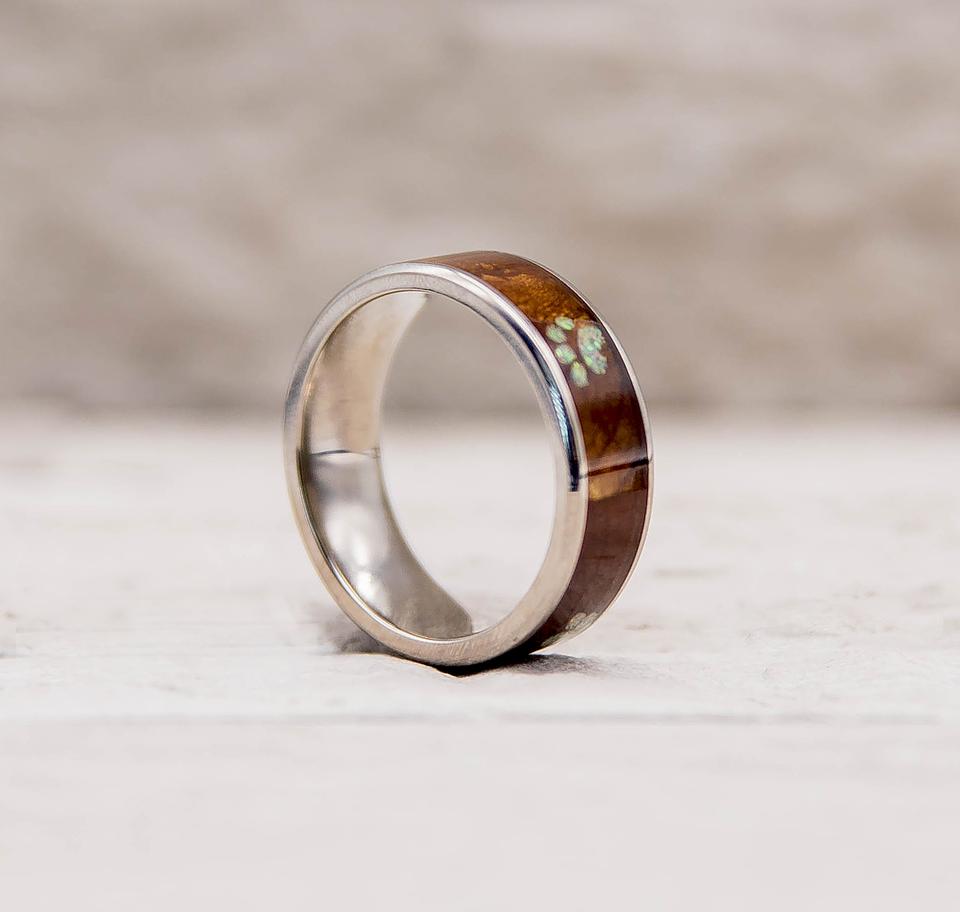 Titanium Dog Paw Print Opal and Koa Wood Ring
