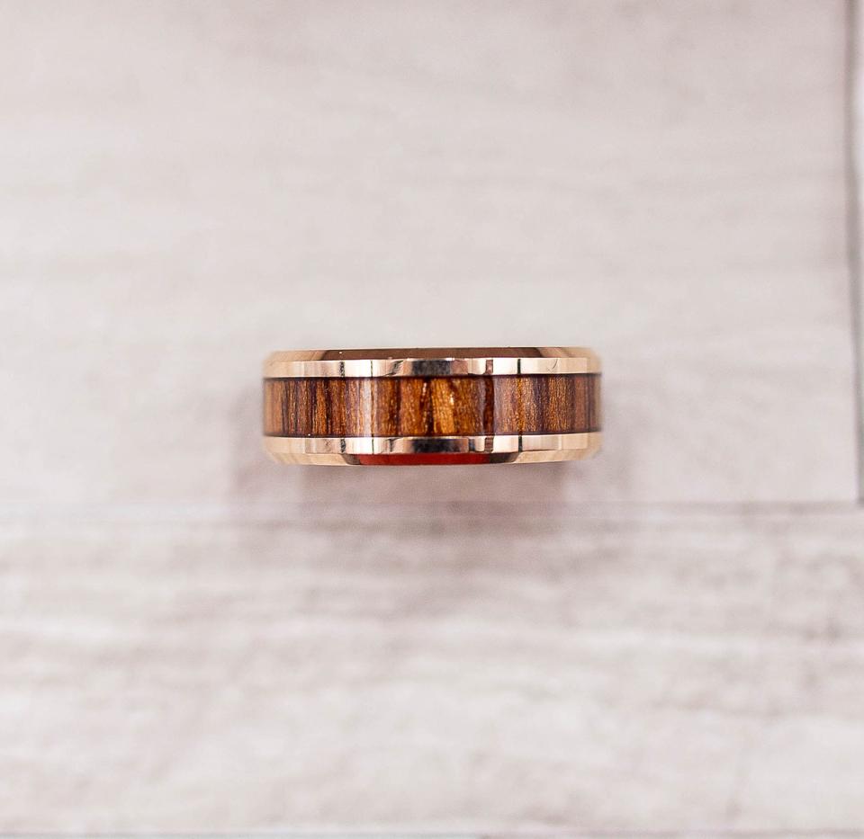 Rose Gold Koa Wood Inlay Tungsten Carbide Ring