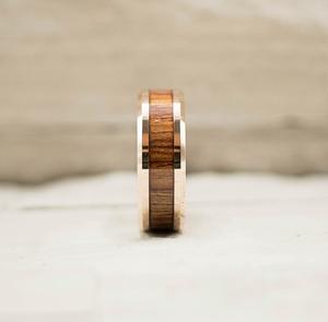 Rose Gold Koa Wood Inlay Tungsten Carbide Ring