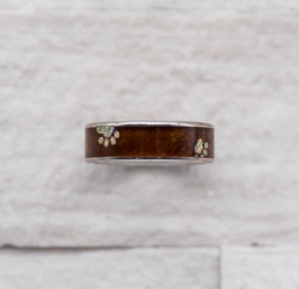 Titanium Dog Paw Print Opal and Koa Wood Ring