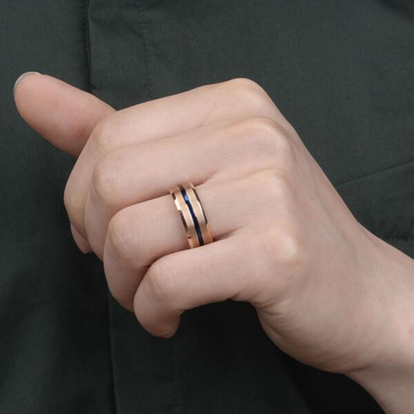 Rose Gold with Thin Blue Groove Tungsten Carbide Ring