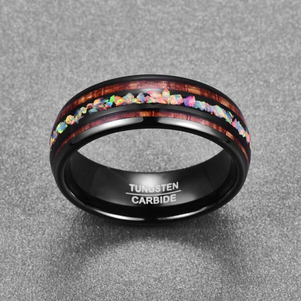 Unique Koa Wood and Opal Tungsten Ring