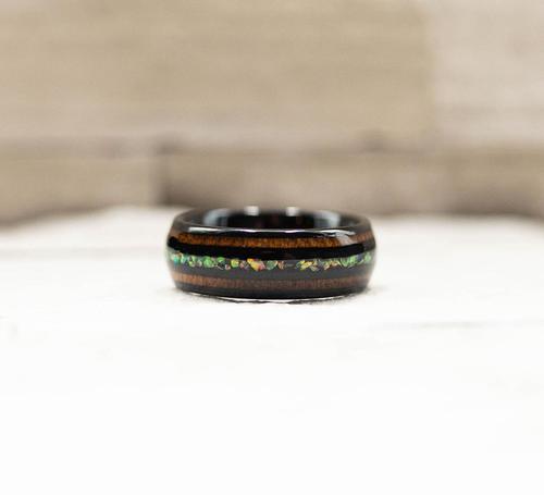 Unique Koa Wood and Opal Tungsten Ring