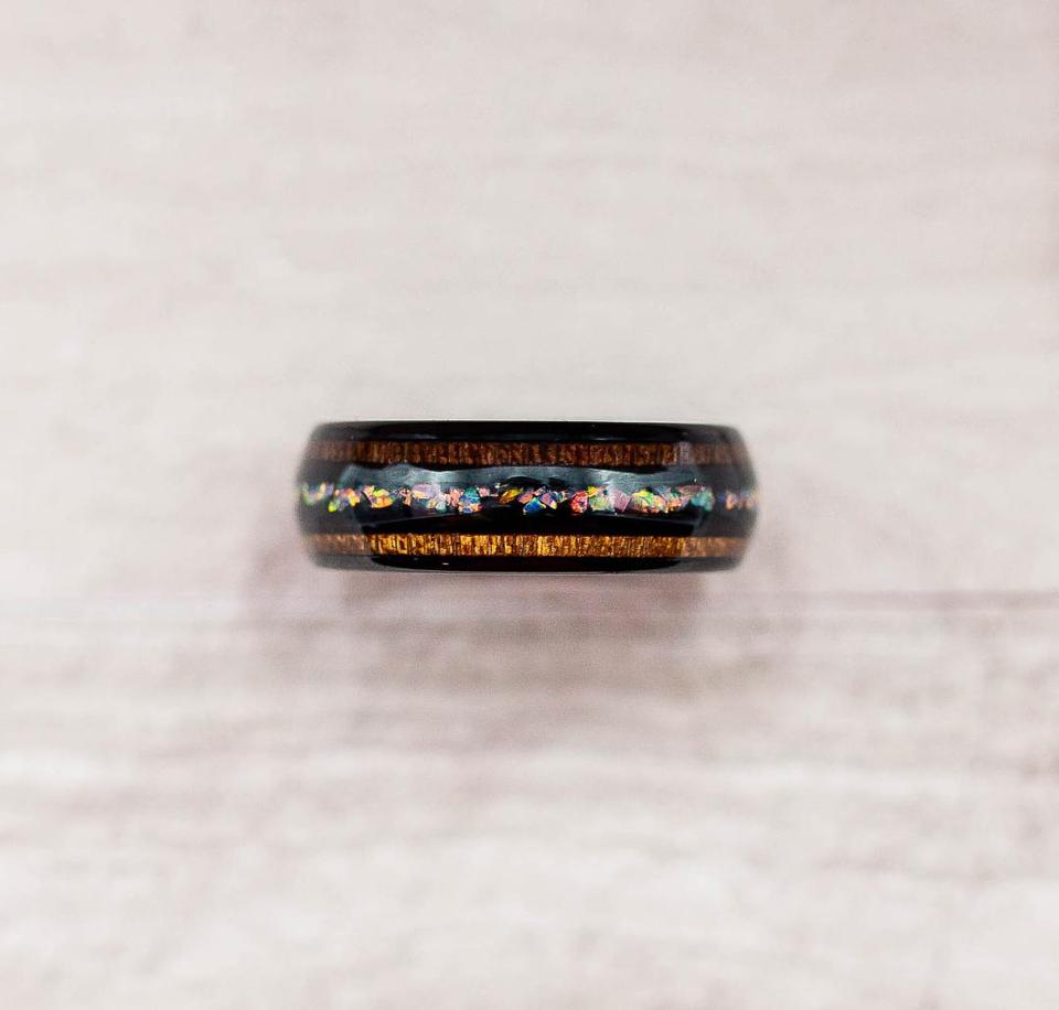 Unique Koa Wood and Opal Tungsten Ring