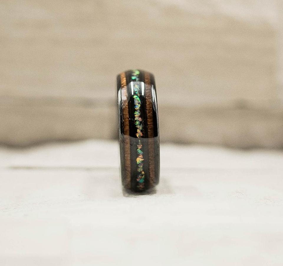 Unique Koa Wood and Opal Tungsten Ring