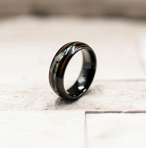 Unique Koa Wood and Opal Tungsten Ring