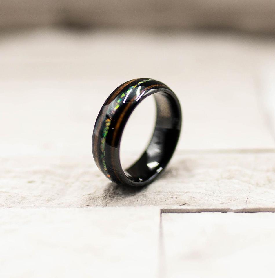 Unique Koa Wood and Opal Tungsten Ring